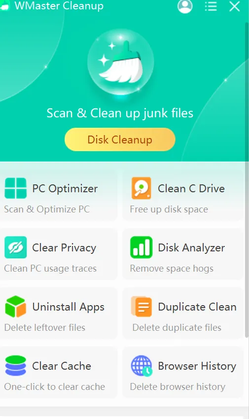 WMaster Cleanup showing all PC cleaning features.